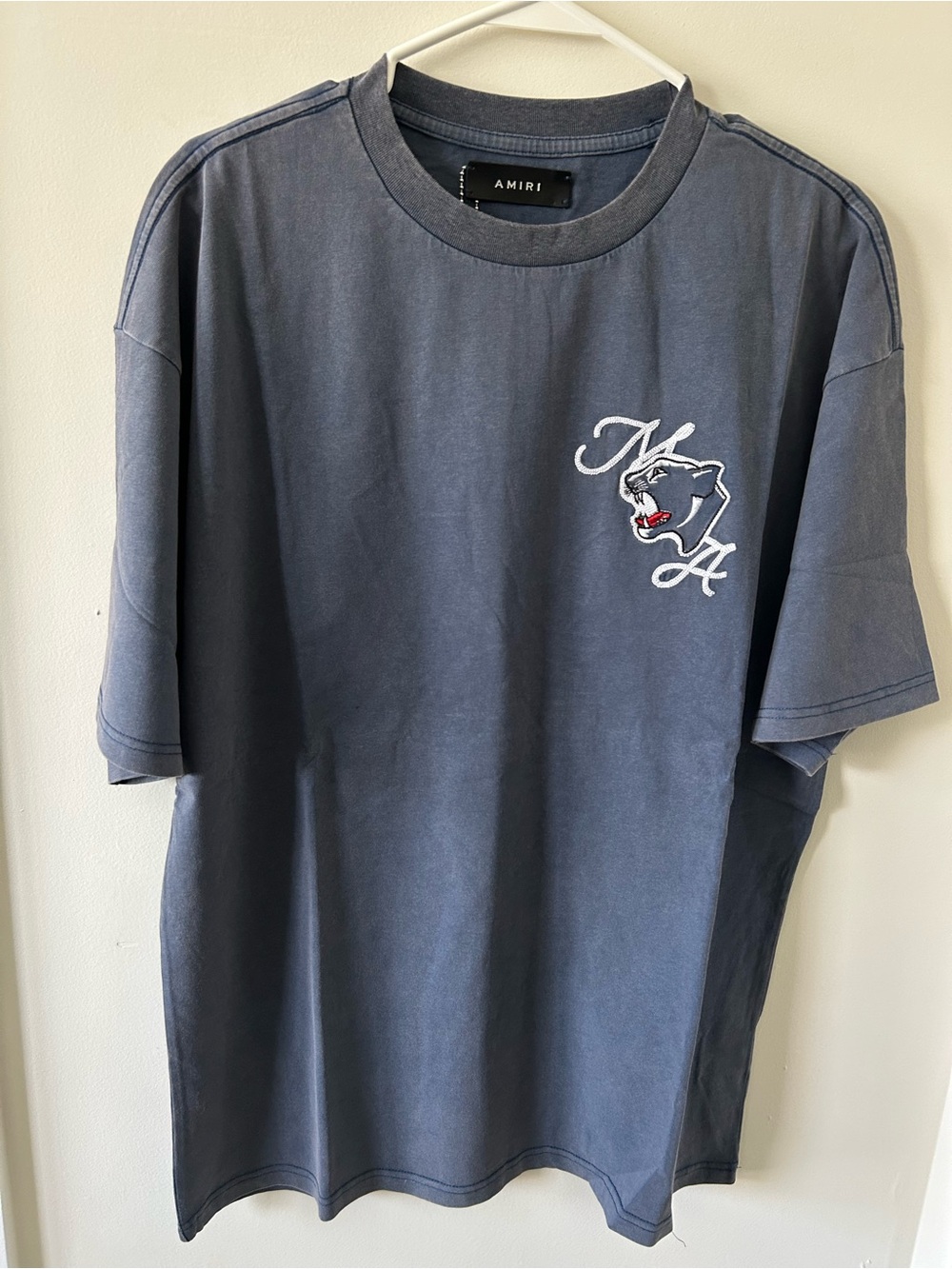 AMIRI Washed Slate Blue Short Sleeve Tee with Panther LA Embroidery